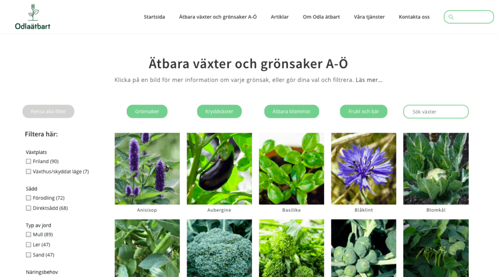 Växtbiblioteket på Odla ätbart finns under rubriken "Ätbara växter och grönsaker A-Ö"